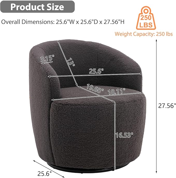 KIVENJAJA Swivel Barrel Chair Teddy Sherpa Upholstered Modern Round Accent Arm Chairs 360 Degree Swivel Small Single Sofa Armchair for Nursery Living Room Bedroom (Teddy Dark Grey)