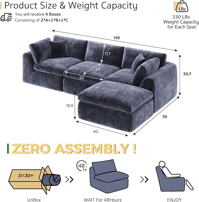 SITJOY 110 Boneless Sectional Couch Modular Cloud Couch with Washable Covers Soft Deep Seat Comfy Sofa with Chaise 3 Seater L Shaped Sofa with Ottoman‌ Chenille in Navy Blue