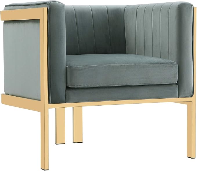 Manhattan Comfort Paramount Velvet Accent Armchair Set of 2 Polished Brass Frame with Geometric Legs Art Deco Chair 1920s Glamour Fully Assembled Living Room Lounge Seat Warm Grey