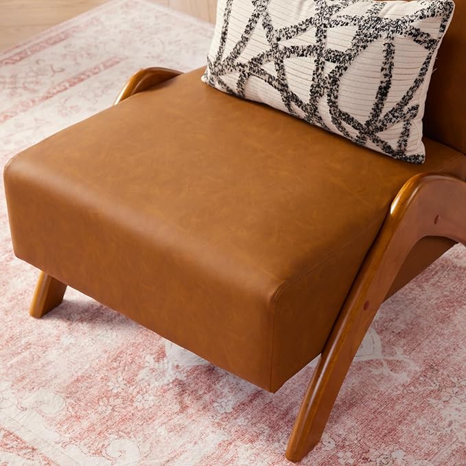 Oversized Accent Chair Set of 2 upholstered armless mid Century Modern Living Room Chair with Wooden Legs for Bedroom/Office/Cafe Faux Leather Cognac Brown