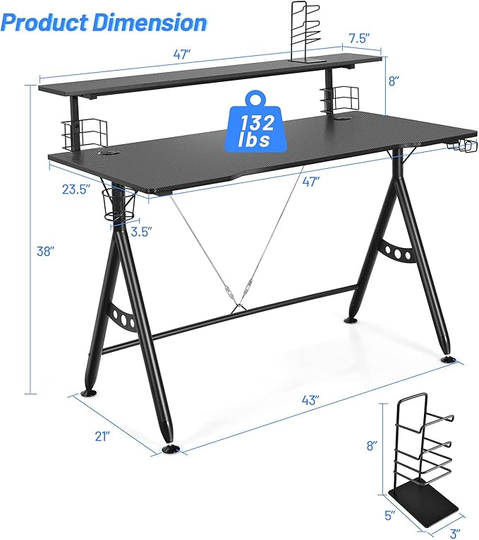 POWERSTONE Ergonomic Computer Gaming Desk Workstation Two Tier Work Writing Table for Home Office with Storage for Monitor Headphone Controller and Speaker Black