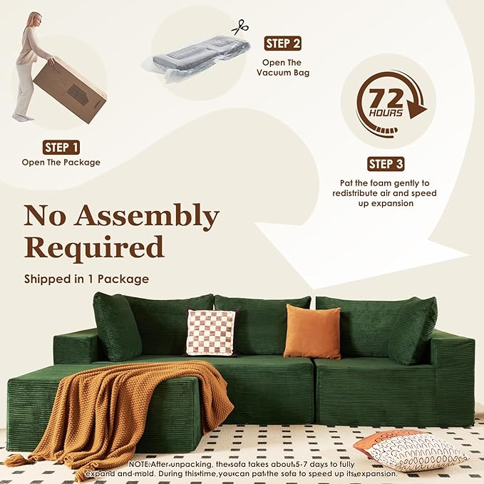 INGEROOM 108 Cloud Sectional Couch with L-Shape Chaise Modular Sofa Memory Foam Boneless Sofa with Movable Ottoman Plush Corduroy Memory Foam Couch for Living Room No Assembly Forest Green