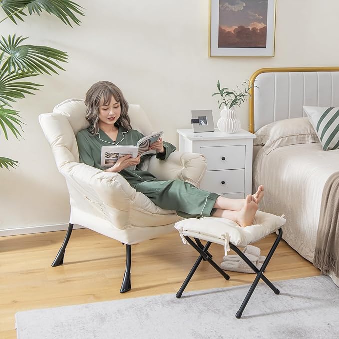 Giantex Lazy Chair with Ottoman Accent Sofa Chair with Folding Footrest Side Storage Pocket Upholstered Leisure Lounge Armchair with Stool for Bedroom Living Room Office Beige