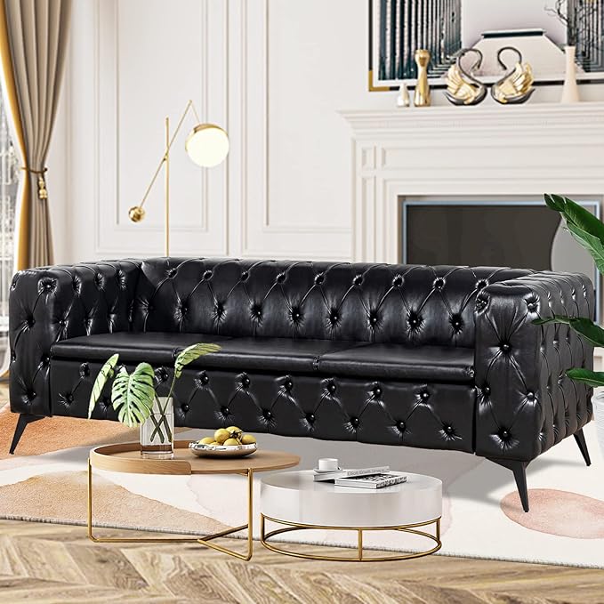 Black Couches for Living Room Modern Tufted Chesterfield Sofa Deep Seat Comfy Faux Leather Sofa Tight Pleated Rolled Arms 85” 3 Seater Sofas for Bedroom Office