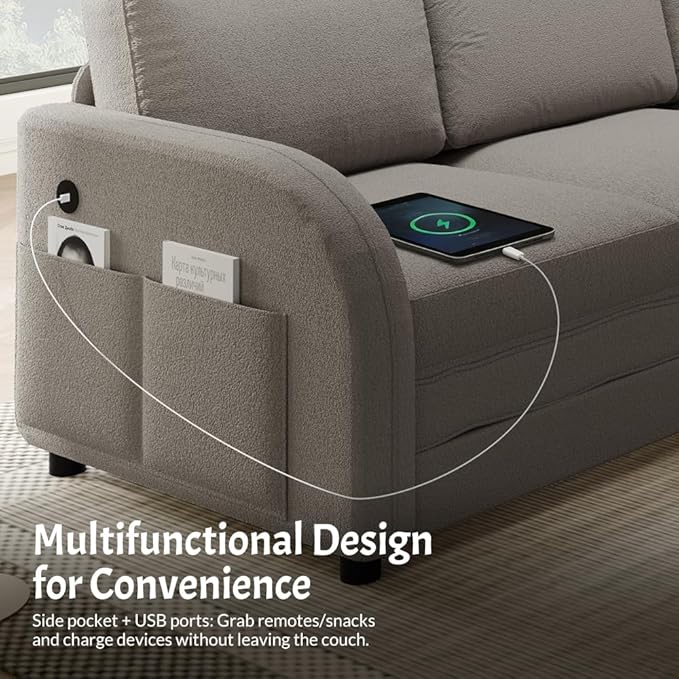 KEIKI 85 Convertible Sofa Bed with Chaise for Guest Rooms &amp Studios L-Shaped Sectional Couch with Pull Out Bed Teddy Upholstery &amp USB Charging