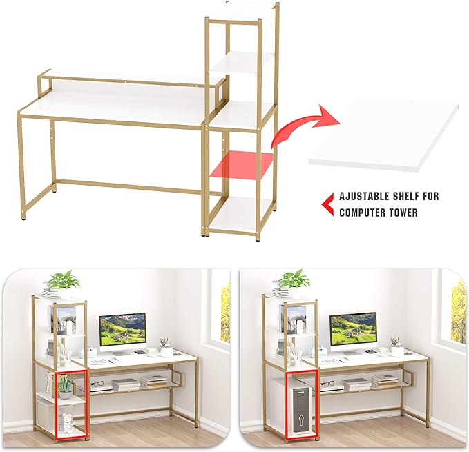Teraves Computer Desk with 5 Tier ShelvesReversible Writing Desk with Storage 33 Inch Study Table for Home Office Independent Bookcase and Desk for Multiple Scenes