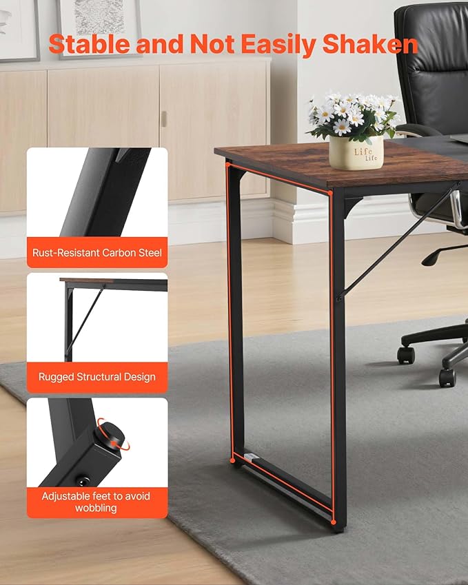 VEVOR Computer Desk 63 Inch Office Gaming Desk for Home Office Writing Study Work Modern Simple Table with Metal Frame for Large Legroom Rustic Brown and Black