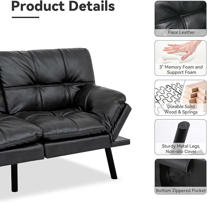 71 Convertible Futon Sofa BedFaux Leather Futon Couch BedMemory Foam Sleeper SofaModern Folding Small Loveseat for Living RoomOfficeApartmentMatte Black