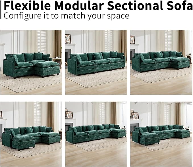113.78 Modular Cloud Couch Sectional U Shaped Modular Sectional Sofa with Movable Ottoman and Throw Pillows Comfy Chenille Fabric Deep Seat Cloud Sofa Couches for Living Room (Green3-Seater)