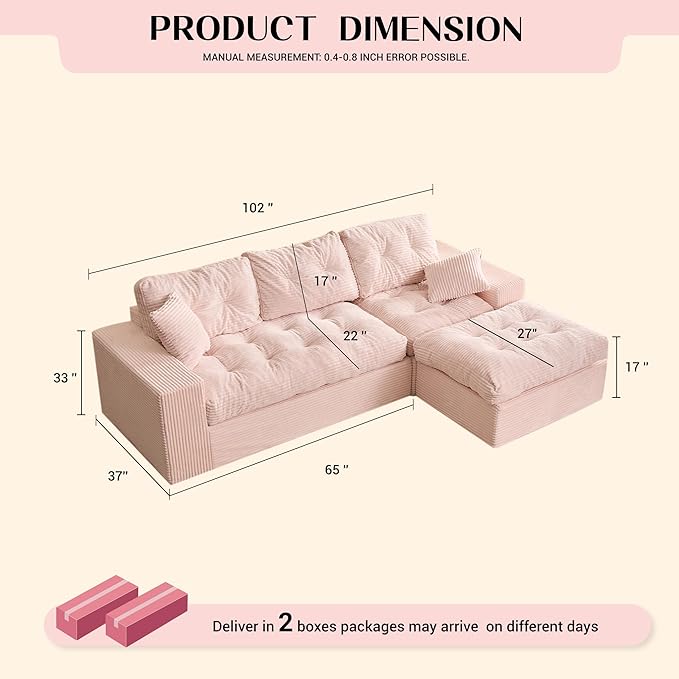 Modular Sectional Sofa 102” L-Shaped Corduroy Couch with Ottoman Deep Seat Comfy Sectional for Living Room Set of Soft Upholstered Cloud Couch for Apartment Pink