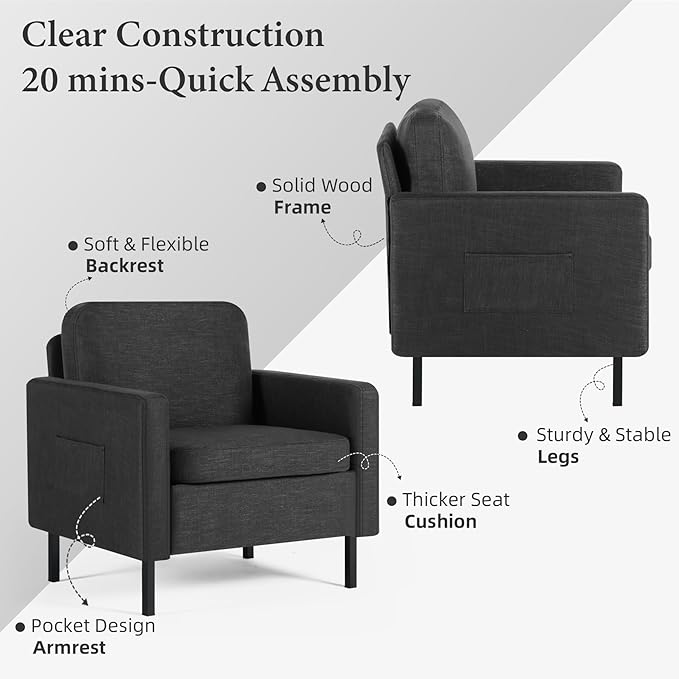STHOUYN Fabric Comfy Small Accent Chair Set of 2 Living Room Bedroom Chairs Reading Arm Chair for Adults Suitable Small Spaces Office Couch Dark Grey (2 Dark Grey)