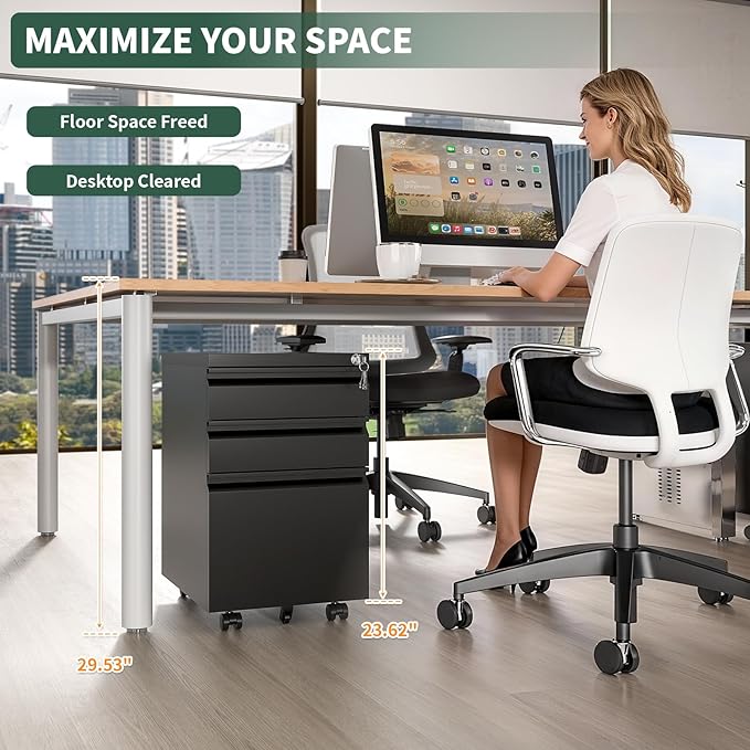 3 Drawer File Cabinet with LockUnder Desk Rolling Small Filing Cabinet for Home Office StorageMobile Steel Cabinets with WheelsFully AssembledBlack