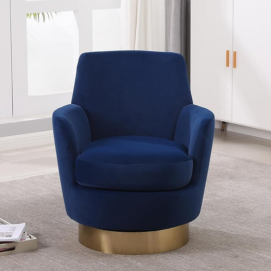 360° Swivel Barrel Accent Chair Comfy Round Accent Chairs with Gold Iron Base &amp Dual-Layer Cushion Modern Lounge Reading Armchair Upholstered Sofa Chair for Living Room Bedroom(Velvet Navy)