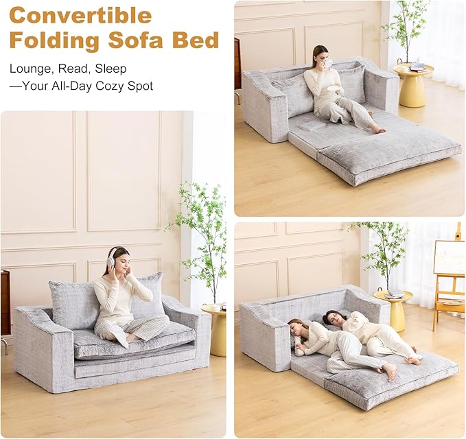 Loveseat Oversized Folding Sofa Bed Convertible Sleeper Chair Bed with Pillows &amp Wide Armrest Comfortable Floor Couch for Living Room &amp Bedroom(Fur Coffee) | Foldable