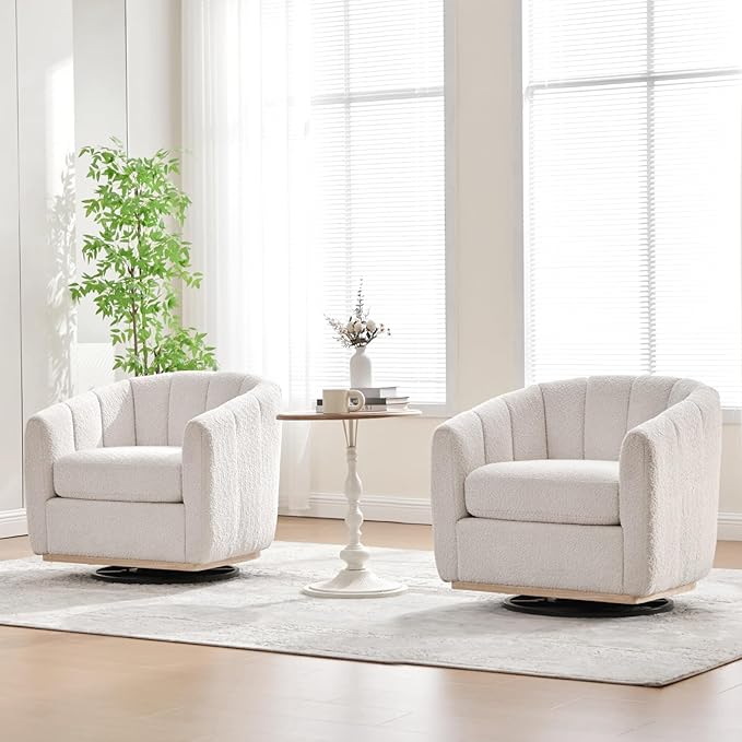 Velvet Swivel Accent Chairs Set of 2 32.3 W Modern Upholstered Pumpkin Barrel Chairs Single Sofa Armchair for Living Room Ivory 2.