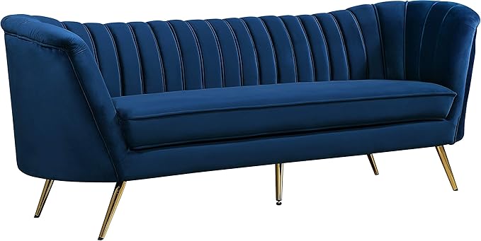 Meridian Furniture Margo Collection Modern | Contemporary Velvet Upholstered Sofa with Deep Channel Tufting and Rich Gold Stainless Steel Legs Navy 88 W x 30 D x 33 H