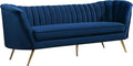 Meridian Furniture Margo Collection Modern | Contemporary Velvet Upholstered Sofa with Deep Channel Tufting and Rich Gold Stainless Steel Legs Navy 88 W x 30 D x 33 H