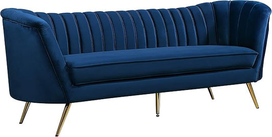Meridian Furniture Margo Collection Modern | Contemporary Velvet Upholstered Sofa with Deep Channel Tufting and Rich Gold Stainless Steel Legs Navy 88 W x 30 D x 33 H