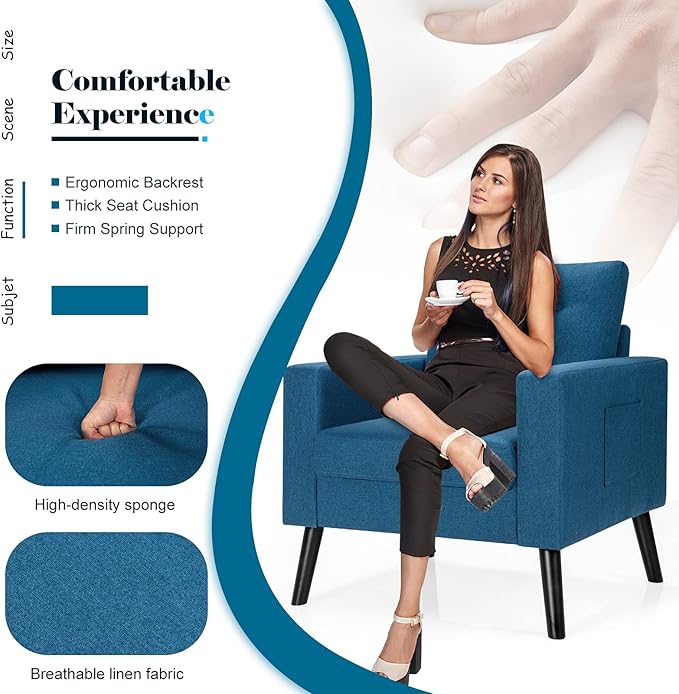 Giantex Set of 2 Modern Accent Chair Upholstered Living Room Chair Button Tufted Single Sofa Couch Bedroom Reading Guest Room Patented Linen Fabric Armchairs with Side Pockets and Wood Legs Blue