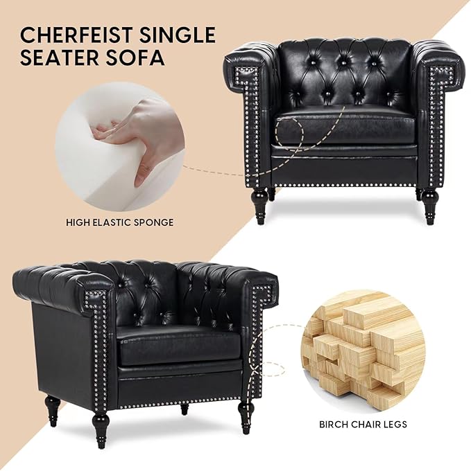 Modern Black Chesterfield Armchair - Faux Leather Upholstery with Tufted Back Club Wingback - Ergonomic Accent Chair for Living Room Office Bedroom Study
