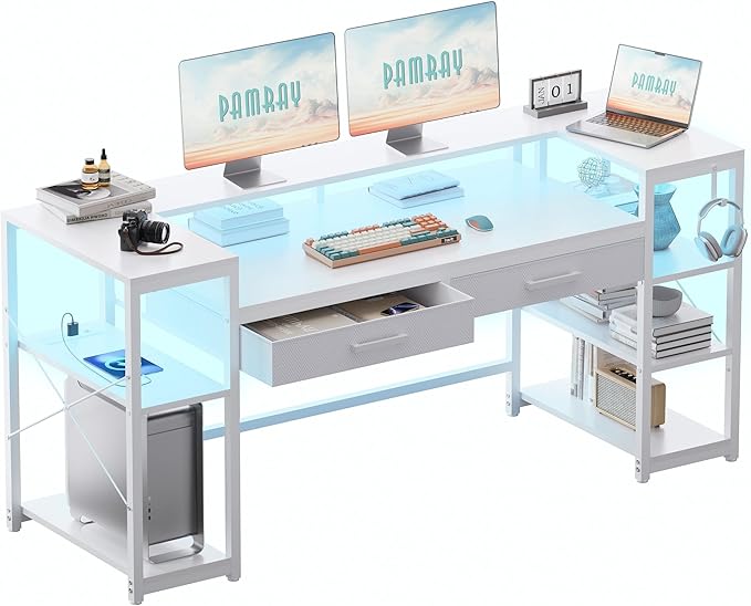 Pamray 58 Inch Computer Desk with Monitor Stand and Shelves Gaming Desk with LED Lights &amp Power Outlets PC Vanity Table with 2 Drawers for Home Office White
