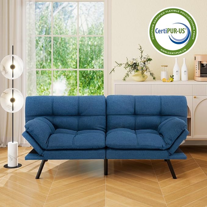 Vipbear 71 Futon Sofa Bed - Convertible Sofa Beds/Adjustable Backrest &amp ArmrestDetachable Cushion Loveseat Sleeper for Small Spaces Apartments &amp Offices Blue Futons