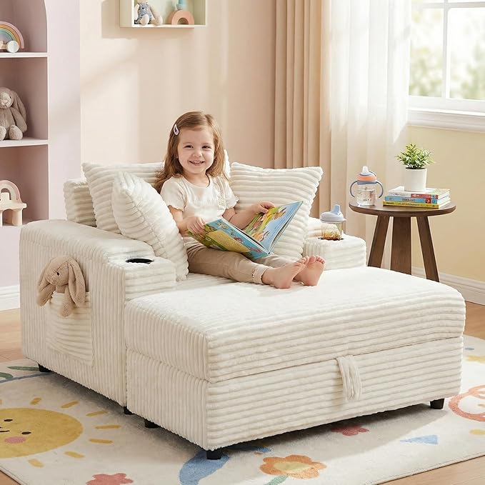 LIKIMIO 54''Oversized Chaise Lounge Chair IndoorFirm Solid Wood Frame with USB &amp Cup HolderComfy Corduroy OttomanReading Chair for Living Room Study Room (White)