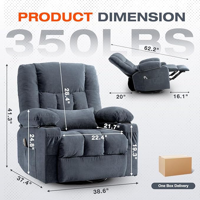 Swivel Recliner Chair for AdultsRocker Recliner with Vibration Massage and Lumbar HeatErgonomic Rocking Chair with Side Pocket2 Cup Holders for Living Room