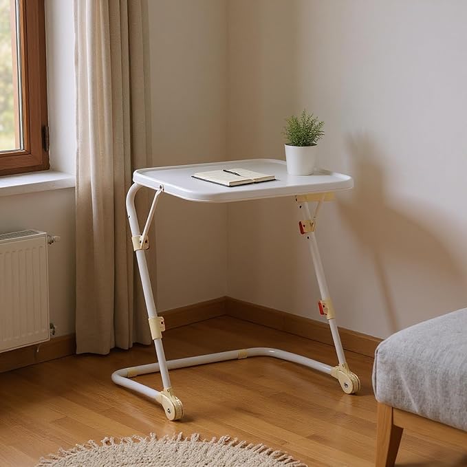 Homy Casa Adjustable Z Shaped Study Desk with Cup Holder Space Saving Portable Laptop Foldable Table for Home Office Living Room &amp Bedroom Sturdy Metal Frame &amp PP Top White