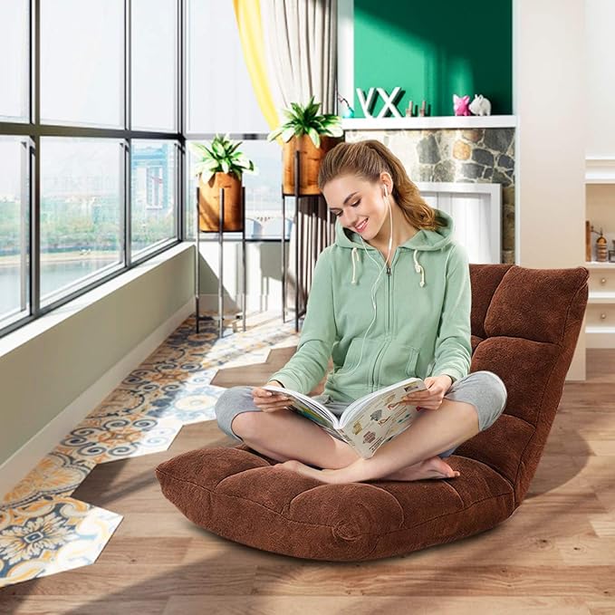 KOMFOTT 14-Position Adjustable Floor Chair With Back Support Folding Padded Gaming Sofa for Reading Meditation Living Room Lazy Lounge Video Gaming - Coffee