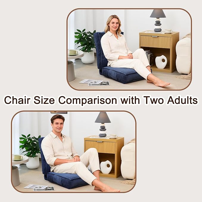Adjustable Floor Chair with Back Support 6-Position Folding Meditation Chair Floor Sofa Chairs for Adults Comfy Accent Chairs for Reading Gaming Living Room Bedroom Navy Blue