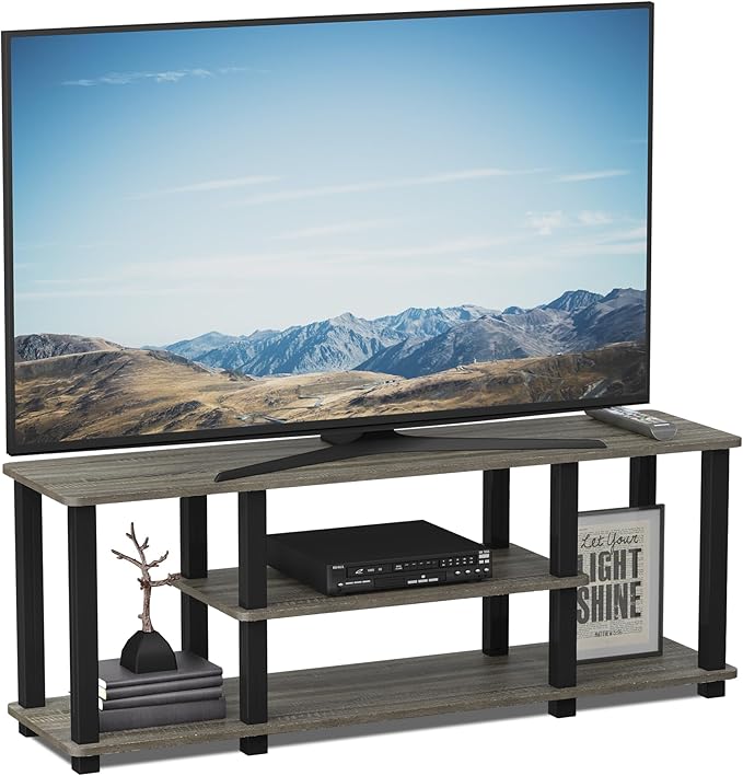 Furinno Turn-N-Tube No Tools 3D 3-Tier Entertainment TV Stand up to 50 inch TV Square Tubes French Oak Grey/Black