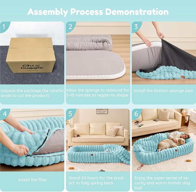 Human Dog Bed for Adult - Luxury Striped Faux Fur Giant Dog Bed with Portable Handle Egg Orthopedic Foam Pad with Thick Blanket 72x40x10 Blue