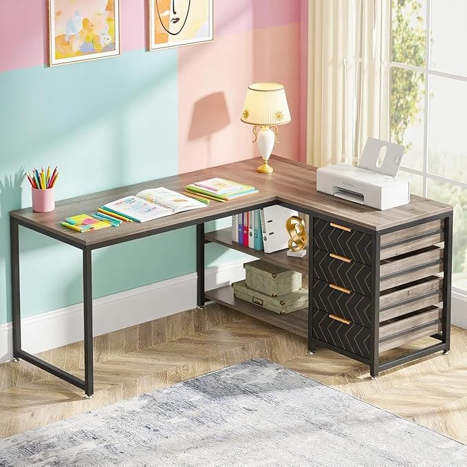 59-Inch Reversible L-Shaped Desk with Drawers &amp Shelves Corner Computer Desk Workstation for Home Office Grey