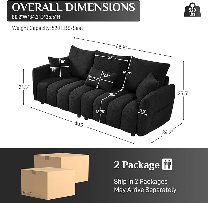 OUYESSIR Boucle Sofa Cloud Couch 80.2 Modern Comfy Teddy Sofa Deep Seat Futon Couch with Pillows Soft Upholstered 3 Seater Sofa Oversized Loveseat Sofas for Living Room Apartment Black