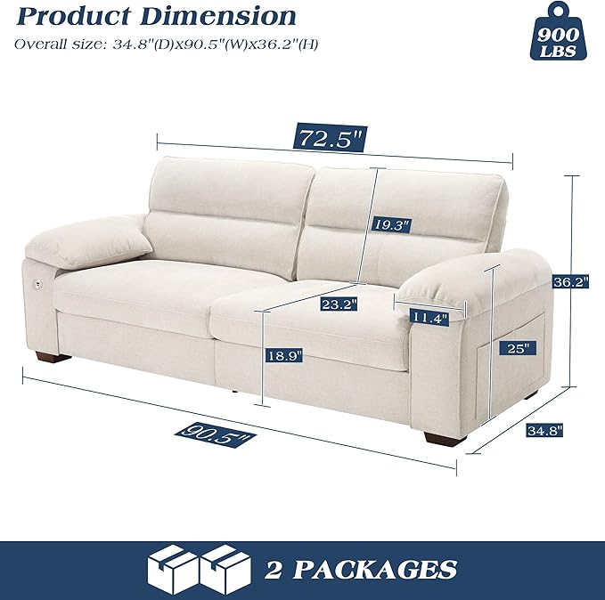 WorthFurni Sofas for Living Room Chenille Pillow-Armrest Loveseat Couch Set Small Sofa 3 Seater Sofa USB Charging Removable Sofa Cover Solid Wood Frame Easy to Install (90.5 inch Beige)