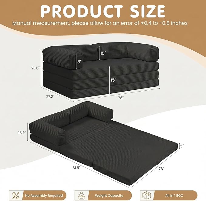 Folding Sofa Bed Convertible Sleeper Chair with Pilow Foldable Matress 2 in 1 Pull Out Loveseat Sofa Portable Fold Out Chair Bed Floor Couch Lounge for Living Room (Black King-82 Lx76 W)