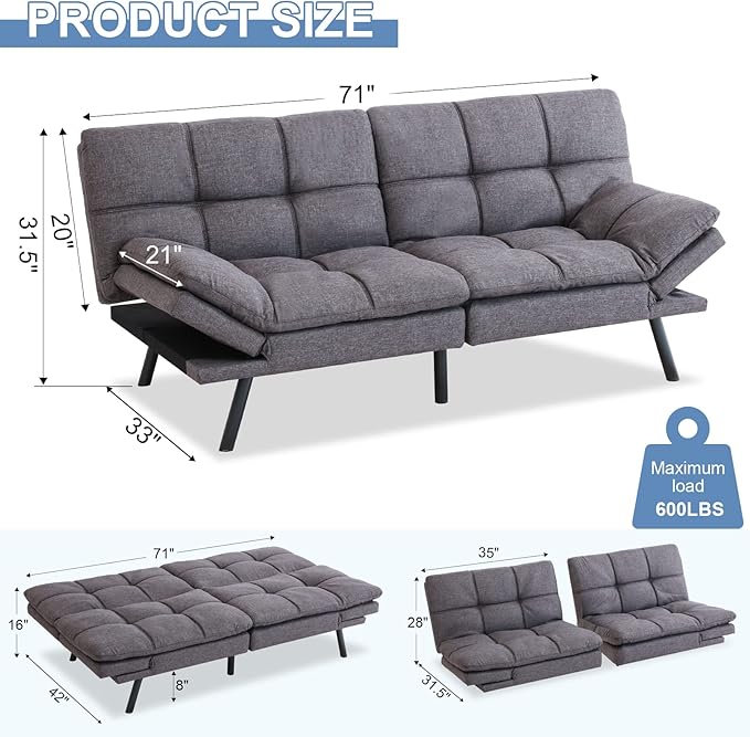 MUUEGM Futon Sofa Bed Convertible Futon Couch SleeperMemory Foam Modern Love seatSmall Splitback Sofa with Adjustable Armrests Backrests for Living RoomCompact SpaceOfficeApartmentDorm71Grey