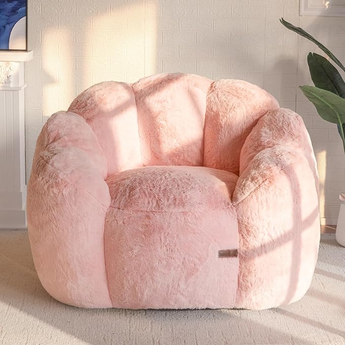 MAXYOYO Bean Bag Chair for Adults Floral Shaped Bean Bag Sofa Ultra Soft Faux Fur Floor Sofa Large Reading Chair for Living Room Bedroom Pink Single