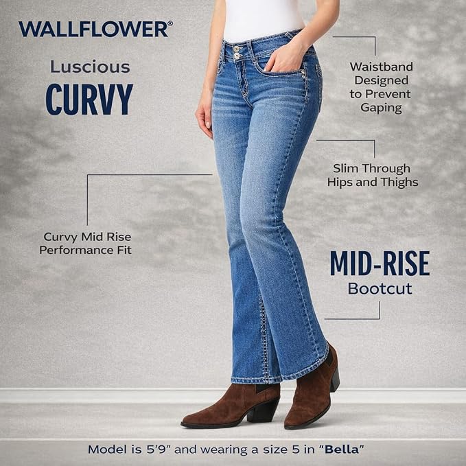 WallFlower Luscious Curvy Bootcut Jeans for Women Mid-Rise Insta Stretch Denim Size-Inclusive Juniors Jeans