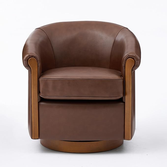 Genuine Leather Seat Swivel Barrel Chair Accent Chair with PVC Exterio &amp Wood Base - Upholstered Lounge Chair for Living Room Home Office Bedroom (Brown)