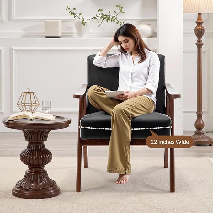 Rovibek PU Leather Accent Chair with Arms - Mid Century Modern Accent Chairs with Wood Frame Upholstered Arm Chairs with 5.9in Thick Foam Black Occasional Chair