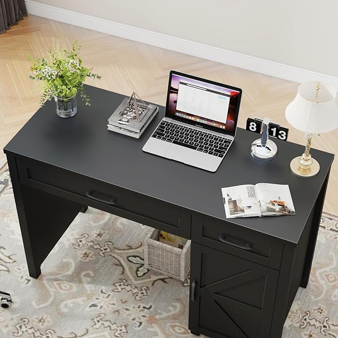 Farmhouse 47 Executive Desk Computer Desk with Drawers and Storage Cabinet Workstation Computer Desk for Home Office Study.Pure Black