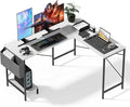 Simple Deluxe L Shaped Desk Gaming Computer 50 Inch Reversible Corner Table PC Work Table for Writing Study Student with Wood Tabletop Metal Frame CPU Stand Side Bag for Home Office Small Place