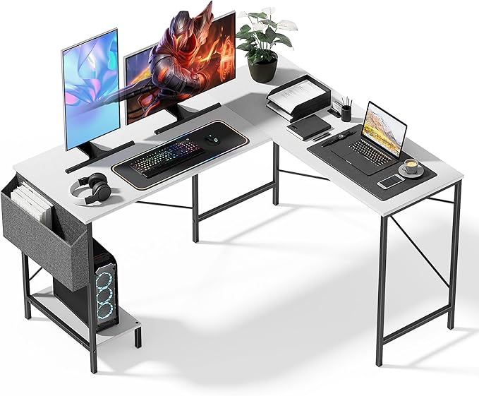 InfiniPower L-Shaped Corner Desk 50-Inch Reversible Gaming PC Table Compact Work &amp Study Station with Metal Frame CPU Stand Side Bag