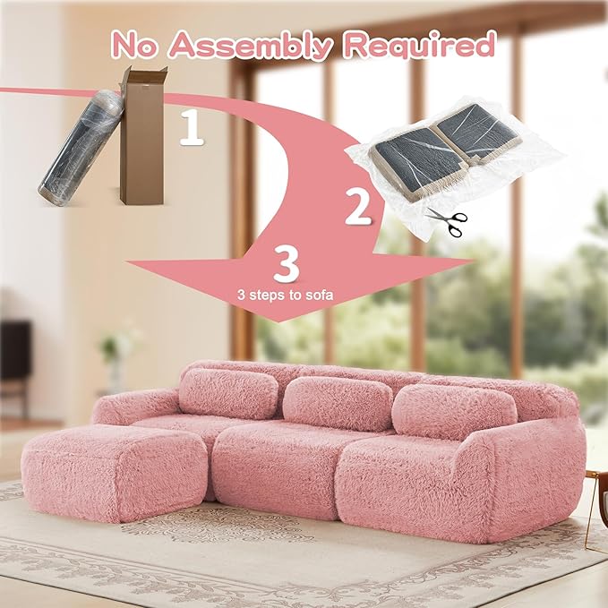 80 Sectional Couches for Living Room Comfy Boneless Couch 2 Seater Cloud Sofa Compressed Loveseat with Ottoman Modern Love Seat in a Box Fluffy Plush Floor Couch No Assembly (Pink)