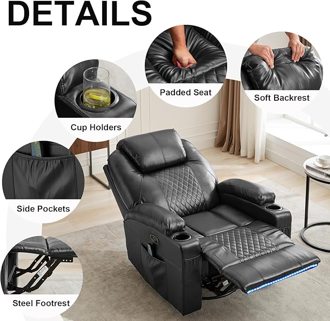 Power Swivel Rocker Recliner Chair for Adults with Heat and Massage LED Lights USB-A and USB-C Ports Electric Glider Recliner Nursery Chair for Living Room (Black Set of 2)