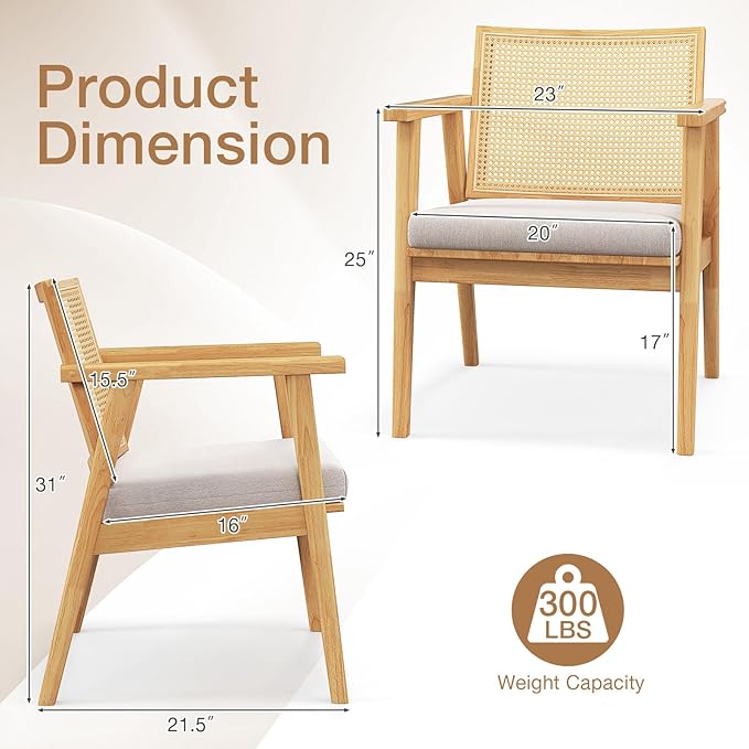 GOFLAME Rattan Accent Chairs Set of 2 Comfy Mid-Century Modern Cane Lounge Armchairs with Rattan Back &amp Removable Seat Cushion Reading Chairs with Solid Rubber Wood Frame for Living Room Bedroo