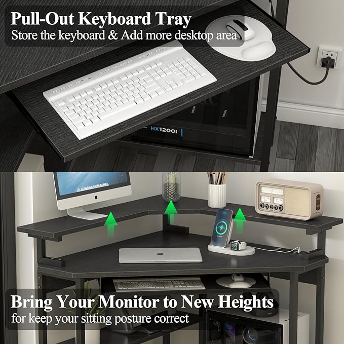 Auromie Corner Desk with Charging Station &amp LED Light Triangle Corner Desk with Monitor Stand &amp Keyboard Tray for Small Space Gaming Computer Desk with Storage Shelves for Home Office (Black