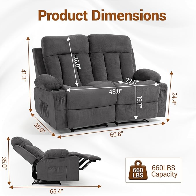 2 Seater Manual Reclining Loveseat Chair with Cup Holders 160° Wide Recline &amp Memory Foam Cushion Comfy Recliner Couch with Storage Pockets for Living Room Home Theater Office Grey